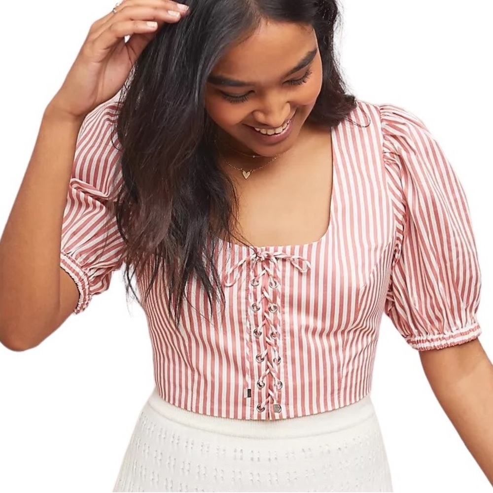 Steele Anthropologie Striped Corset Puff Sleeve Crop Top - XS